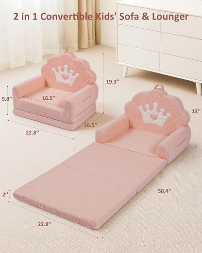 2-in-1 Kids Couch Fold Out, Soft Teddy Sherpa Toddler Couch with Crown Design, Convertible Kids Sofa to Lounger for Nap & Playtime, Cozy Children's Furniture for Boys & Girls, Pink