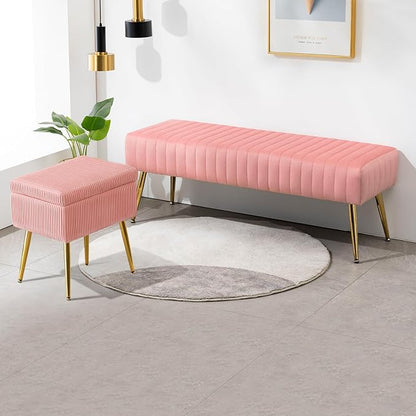 Furniliving 44 Inch Velvet Bench, Upholstered Tufted Striped Fabric Bedroom Bench with Golden Metal Legs, Ottoman for Living Room, Solid Wood Indoor Bench for Foyer (Pink)