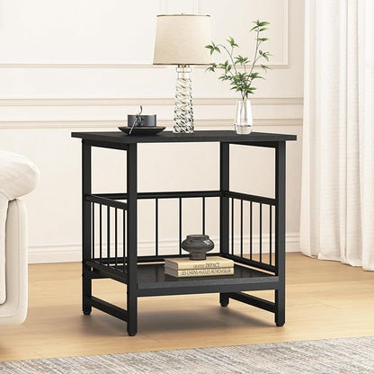 18" Square End Table, Modern Nightstand Side Table, Nightstand with Open Storage Shelf for Living Room, Heavy Duty Stand of Mini Beverage for Dorm, Kitchen Room, Black