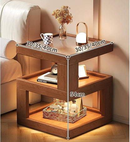Solid Wood Nightstand,End Tables Bedroom Small Shelf Modern Nightstand Wood Side Table (GLASS-21.3 * 13.8 * 13.8)