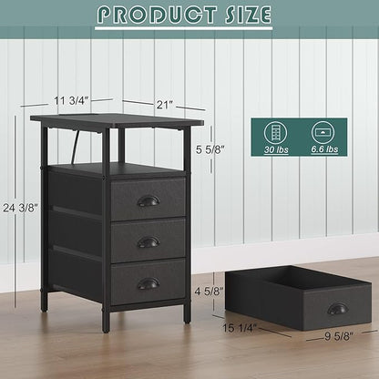 End Table with Charging Station,LED Side Tables with USB Ports and Outlets,Narrow Nightstands Bedside Tables with 3 Drawers PU Finish for Small Space,Slim Sofa Table for Livingroom,Black