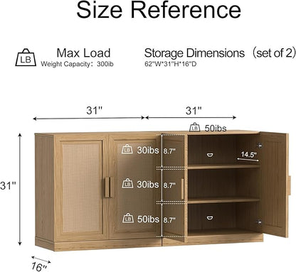 Buffet Cabinet, 4-Doors Sideboard Cabinet with Rattan Panels, Buffet Console Accent Table for Hallway Entryway Dining Room, 62", Oak