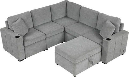 84.7" Symmetrical Convertible Sleeper Sectional Sofa Couch Bed for Living Room 4 Seater L Shaped Reversible Pull Out Sleeper Sofabed with Movable Ottoman ,2 Cup Holders ,USB Ports, Detachable Backrest