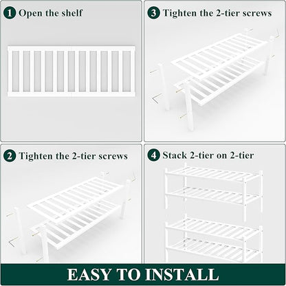 Smiry Shoe Rack, 4 Tier Bamboo Shoe Organizer, Stackable Free Standing Wooden Shoe Storage Shelf for Closet, Entryway, Front Door Entrance, White