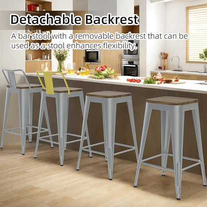 Silver Bar Stools Set of 4, Metal Bar Stools with Wooden Seat, Modern 24”Counter Height Barstools with Low Back