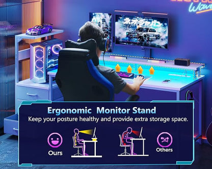 AODK 59 Inch Gaming Desk with USB Charging Ports & LED Light- Reversible Computer Desk with Storage Shelves & Monitor Stand, Modern Gamer Desk Table with Fabric Drawers & Side Hook, Carbon Fiber White