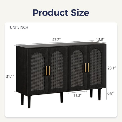 Rattan Cabinet, Mid-Century Modern Buffet Cabinet with 4 Rattan Doors, Black, 47x14x30 inch, Kitchen Sideboard