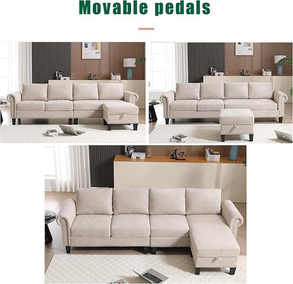 Ball & Cast 106" Convertible Sectional Sofa with Storage Chaise, Linen Upholstered 4 Seater Couch with Back Cushions and Removable Ottoman for Living Room, Apartment, Office,Beige