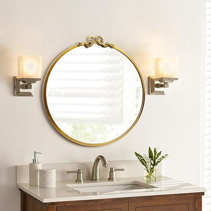 Vintage Gold Round Mirror 23.6inch Decorative Bow Mirrors for Wall Antique Bathroom Vanity Ornate Wall Mirror, Metal Baroque Bow Decor for Living Room, Entryway, Bedroom, Hallway