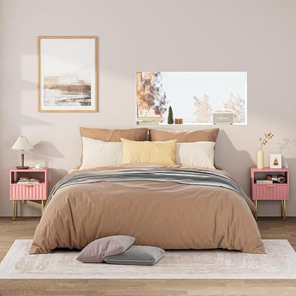 Nightstand,Modern Bedside Table with Gold Frame,Pink Night Stand,Bedside Furniture, Modern Side Table with Drawer and Shelf for Bedroom,Living Room (Pink)
