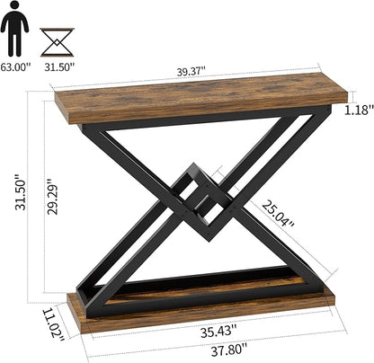 JUSTOGO 39.4" Console Table, Industrial Entryway Table Triangle Design for Living Room, Narrow Wood Sofa Tables for Hallway, Entrance, Foyer, Modern Accent Furniture Home Decor, Rustic Brown