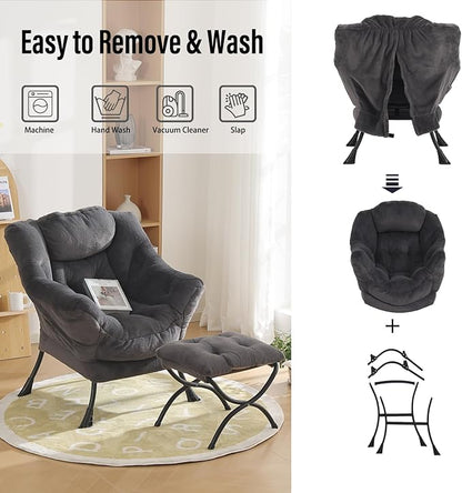 Oversized Chair with Ottoman, Modern Reading Chair, Lounge Accent Chair with Armrests and a Side Pocket for Small Space, Bedroom, Study, Living Room (Plush Dark Greyish Blue)