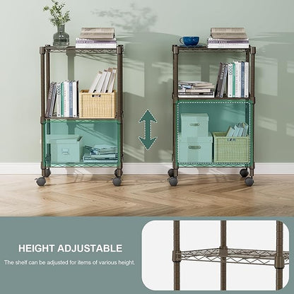 3 Tier Shelf Metal Storage Shelves Wire Rack Closet Organizers with Wheel for Garage Kitchen Bathroom Laundry Brown 11.8" D x 17.7" W x 29.8" H