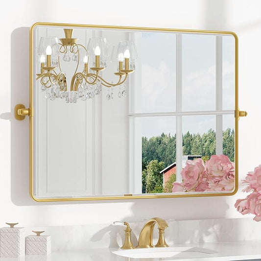 Keonjinn Large Pivot Mirror Bathroom, 40 x 30 Inch Beveled Tilt Mirror Bathroom, Gold Metal Framed Mirrors with Rounded Corner, Modern Rectangle Vanity Mirrors for Wall (Horizontal/Vertical)