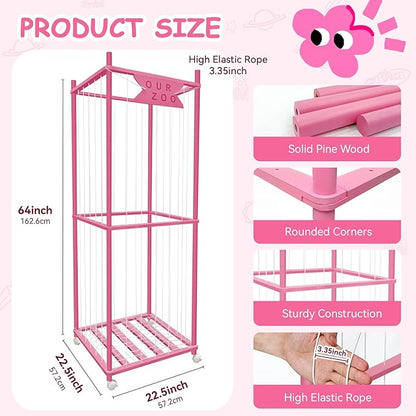 Stuffed Animal Storage Zoo with Wheels, Wooden Large Stuff Animals Plushies Holder Toy Organizer Kids Plush Storage Cage with Elastic Band and Net for Nursery Playroom Corner for Toddler (Hot Pink)