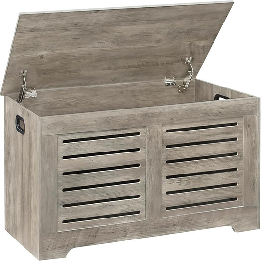 DINZI LVJ Storage Chest, Flip-Top Wooden Toy Box with 2 Safety Hinges, Entryway Shoe Storage Bench, Good Ventilation, Storage Trunk for Living Room, Bedroom, Easy Assembly, Grey Wash