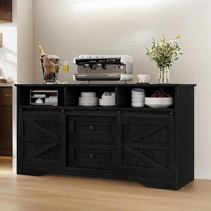 YITAHOME 59" Large Buffet Sideboard Cabinet, Farmhouse Kitchen Cabinet with 2 Sliding Doors & 2 Drawers for Kitchen, Living Room Storage (White)