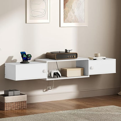 HOOBRO 55" Floating TV Stand with Power Outlet, Modern Wall Mounted Media Console Shelf Cabinet for Under TV Storage, Entertainment Center, Living Room, Bedroom, White WT11UDS01