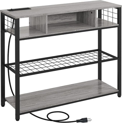 Narrow Entryway Console Table with Storage, Drawer and Charging Station - Behind Couch Table with Outlet and USB Ports for Living Room Foyer, Grey
