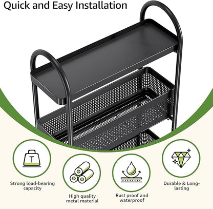 KINGRACK 3-Tier Slim Storage Cart with Pull Out Basket, Rolling Bathroom Organizer Utility, Metal Shelving Unit Slide Out, Lockable Wheels, Easy Assembly for Narrow Place, Kitchen, Laundry Room, Black
