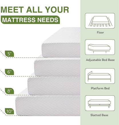 6 Inch Full Size Mattress for Kids, Memory Foam Mattress with Cooling Green Tea Gel, Relieve Pressure with Medium Firm Support, CertiPUR-US Certified, 75''L x 54''W, White