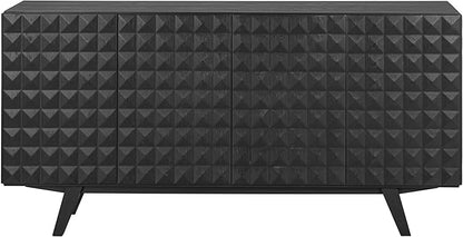 NTC Sapa Mid-Century Modern Solid Wood Sideboard – 4-Door Accent Buffet Cabinet with Carved Geometric Fronts, for Living Room, Dining Room, or Entryway, Effortless Assembly, Burnt Black