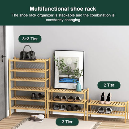 Bamboo Shoe Rack 2-Tier Organizer-Stackable Storage Shelf with Multi-Function Combinations-Free Standing Shoe Racks for Closet,Entryway,Hallway,Bathroom,Living Room Shoe Organization (Natural, 2-Tier)