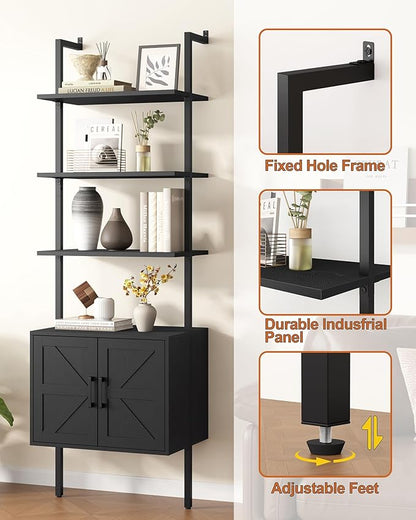 Yusong 73" Tall Bookshelf with Cabinet, Industrial Ladder Wall Mount Shelf Farmhouse Bookcase with Wood and Metal Frame, Plant Shelf Wall Storage Display for Living Room Bedroom, Farmhouse Black