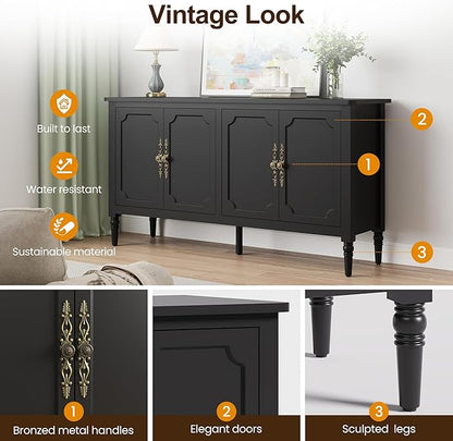 Console Cabinet, 58'' Mid Century Modern Pantry Sideboard, Wood Buffet Cabinet, Media Cabinet with 4 Doors, Accent Cabinet for Entryway, Living Room, Dining Room (Black)