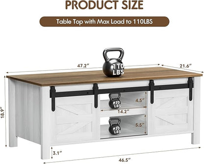 YESHOMY Coffee Table with Sliding Barn Doors & Storage, Wooden Center Rectangular Cabinet with Adjustable Shelves, for Livingroom, Bedroom, Home Office, White