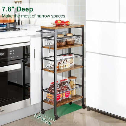 IBUYKE 7.8" Slim Rolling Cart,4-Tier Metal Kitchen Storage Cart,Trolley cart on Wheels for Narrow Space,with Handle and Wooden Tabletop,for Kitchen, Dining Room,Laundry Room,Rustic Brown UTMJ065H