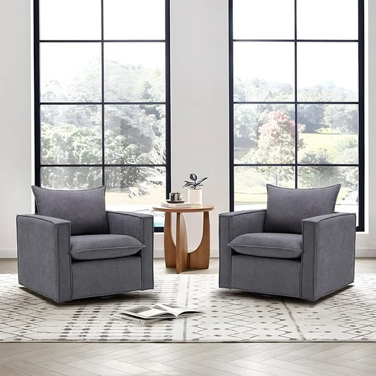 Swivel Accent Chair Set of 2, 34 Inches Wide Upholstered Arm Chair with Plump Back Pillow, Modern Sofa Living Room Chair for Bedroom, Corner, Reading Nook-Grey