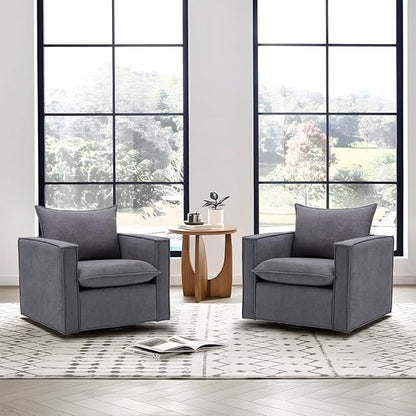 COLAMY Swivel Accent Chair Set of 2, 34 Inches Wide Upholstered Arm Chair with Plump Back Pillow, Modern Sofa Living Room Chair for Bedroom, Corner, Reading Nook-Grey