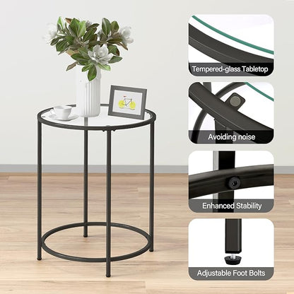 19.7’’ Round Glass End Table, Round Bedside Table with Tempered Glass Top, Black Glass Side Table with Metal Frame, Modern Round End Table for Living Room Balcony Bedroom Porch Patio