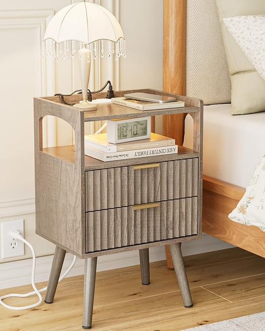 Nightstand with Charging Station,Small Bedside Table with Gold Frame,Morden Night Stand,End Table,Bedside Furniture,Side Table with Drawer and Shelf for Bedroom,Living Room (Grey)