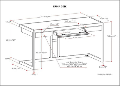 SIMPLIHOME Erina SOLID ACACIA WOOD Industrial 60 inch Wide Writing Office Desk in Distressed Grey for the Office Desk, Writing Table, Workstation and Study Table
