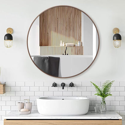 30 inch Circle Wall Mirror, Brushed Bronze Metal Framed Round Mirror for Bathroom Vanity, Bedroom Decor, Living Room, Entryway