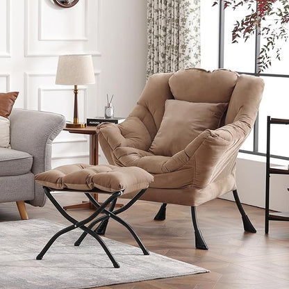 Lazy Chair with Ottoman, Reading Chair with a Pillow, Leisure Sofa Armchair with Ottoman, Large Accent Lounge Chair for Bedroom, Living Room, Dorm Room, Velvet Khaki