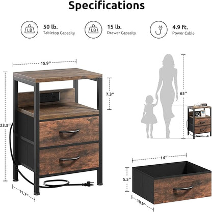 NightStand Bedside Charging Table Bedroom - Brown Night Stand with Charger Station, Modern Bed Side End Table with Open Shelf & 2 Fabric Drawers, USB-C USB Ports & AC Outlets for Dorm, Living Room