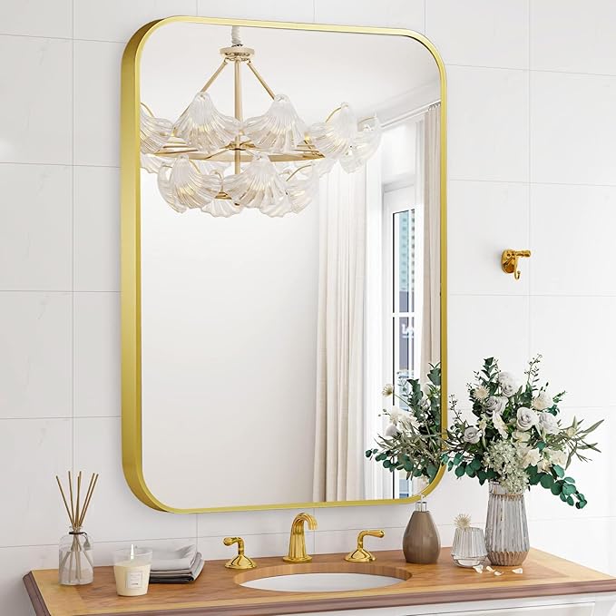 20x28 Inch Bathroom Mirror for Wall,Matte Gold Framed Rectangle Mirror with Rounded Corner,Aluminum Alloy Framed Brushed Wall Mirror for Bedroom or Living Room,Vertical or Horizontal