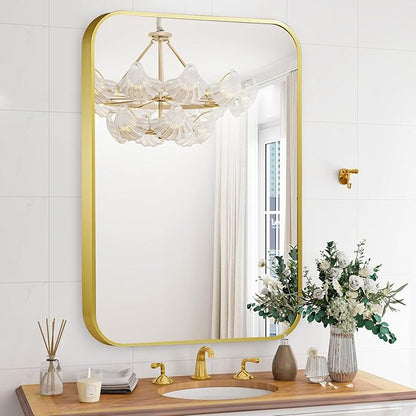 20x28 Inch Bathroom Mirror for Wall,Matte Gold Framed Rectangle Mirror with Rounded Corner,Aluminum Alloy Framed Brushed Wall Mirror for Bedroom or Living Room,Vertical or Horizontal