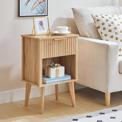 End Table, Fluted Night Stand, Modern Side Table, Bedside Table with 1 Drawer and 1 Open Compartment, Mid Century Nightstand, for Living Room, Bedroom, Study, Office, Natural ETNA6201