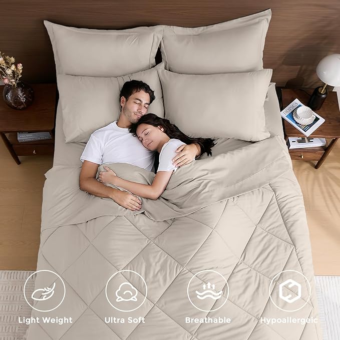 HEVUMYI Beige Tan Cali-King Comforter Set - 7-Piece All Season Bed in a Bag Cali-King, Ultra Soft Bedding Set with Comforter, Flat Sheet, Fitted Sheet, Pillowcases, Pillow Shams, Beige Tan