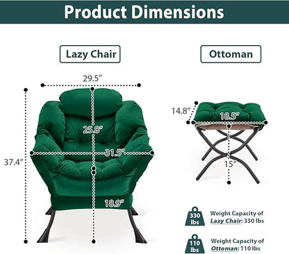 Lazy Chair with Folding Ottoman, Accent Chair Velvet Upholstered with Metal Structure and Non-Slip Pads, Sofa Armchair with Footrest and Side Storage Bag for Dorm, Room, Office, Green