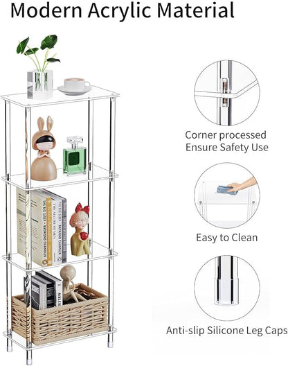 Clear Acrylic Narrow Side Table for Small Spaces, 15.75" L x 7.87" W x 38.7" H, 4 Tier Rectangle Slim End Table Nightstand, Small Mini Skinny Bedside Table for Bedroom, Bathroom, Living Room