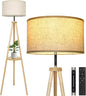 OUTON Wood Tripod Floor Lamp with Shelves, Mid Century LED Modern Dimmable Floor Lamp with Remote Control, Sturdy Tall Standing Lamp with Beige Lamp Shade for Living Room, Bedroom, Office