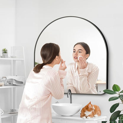 Arched Bathroom Mirror, 40"x40" Black Arched Mirror for Bathroom, Wall Mounted Mirror, Black Vanity Wall Mirror w/Metal Frame for Bedroom, Entryway, Living Room, Hanging or Leaning Against Wall