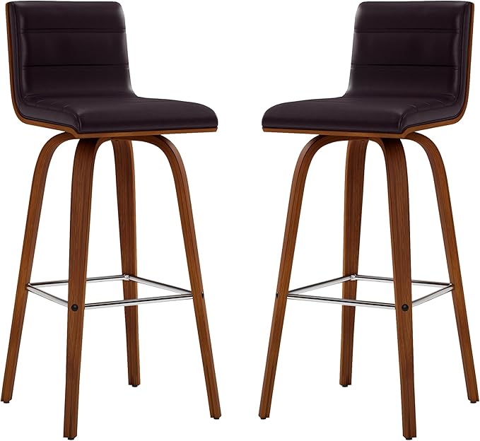 Armen Living Vienna 30" Bar Height Swivel Brown Faux Leather and Walnut Wood Bar Stool