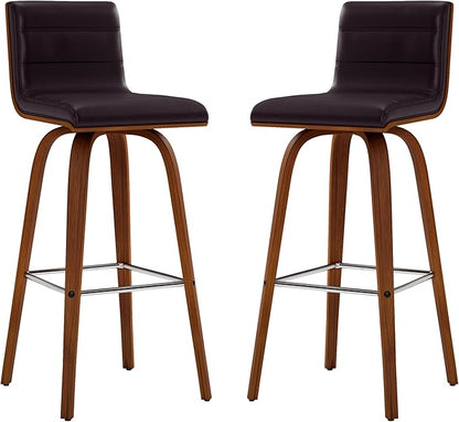 Armen Living Vienna 30" Bar Height Swivel Brown Faux Leather and Walnut Wood Bar Stool