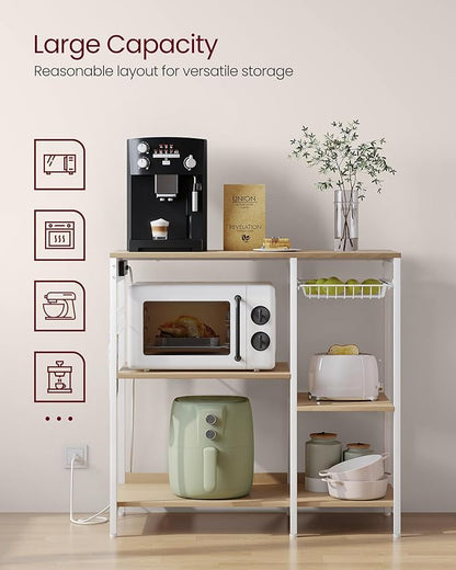 VASAGLE Baker's Rack, Coffee Bar Stand with Charging Station, Storage Shelves, Pull-Out Wire Basket, Table for Microwave, Kitchen, Oak Beige UKKS036Y09, 15.7 x 35.4 x 35.6 Inches